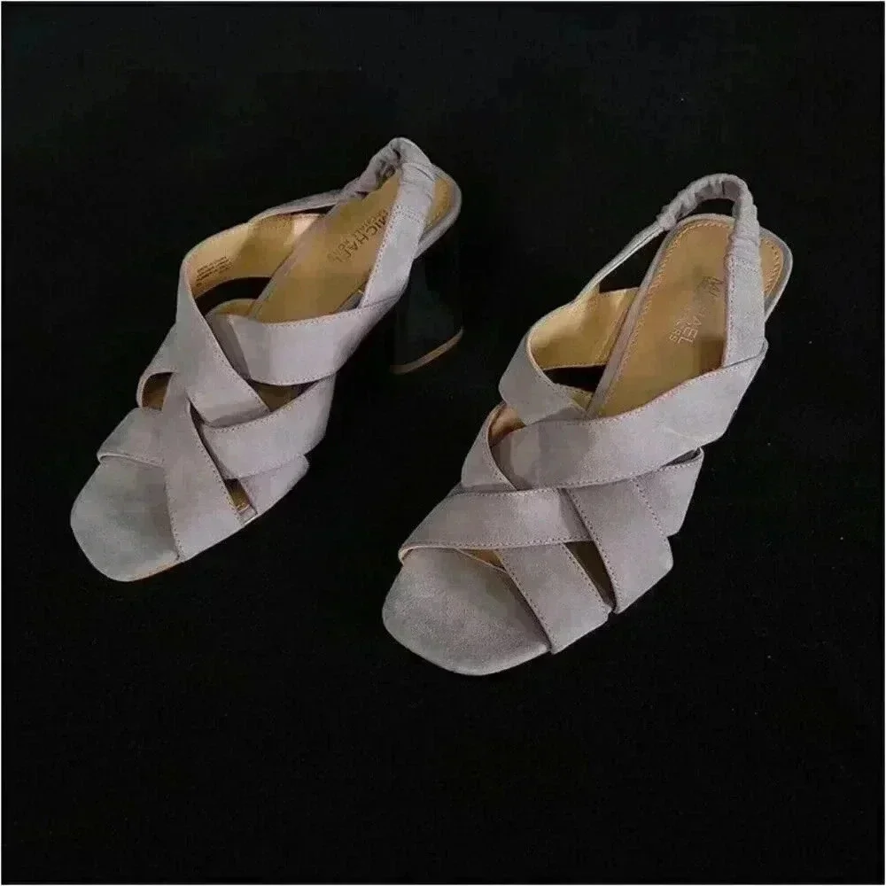 Michael Kors Dixon Heeled Sandals Dove Gray Women's 6 M Open Toe Suede Strappy